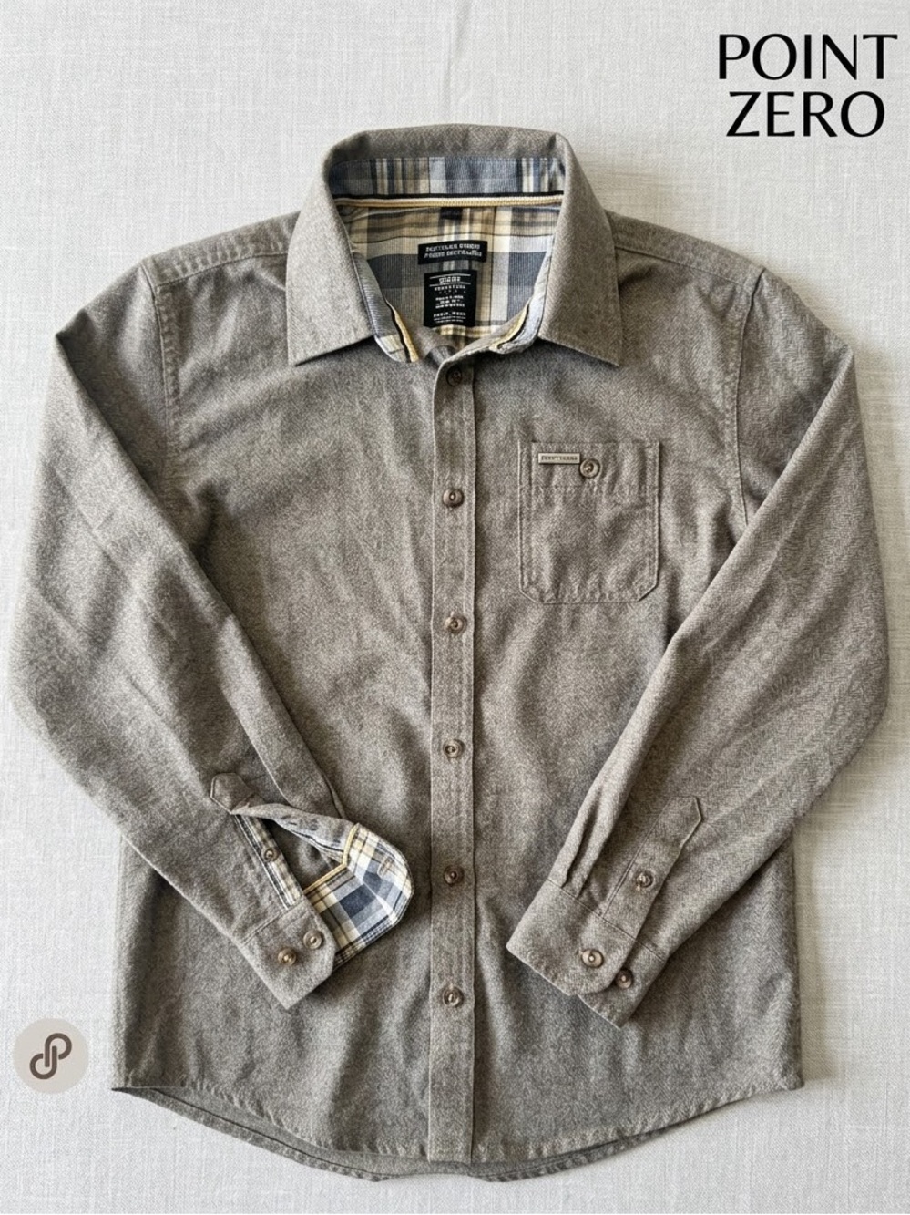 Youth Point Zero Herringbone Flannel Button Down Shirt Taupe Greige size M
